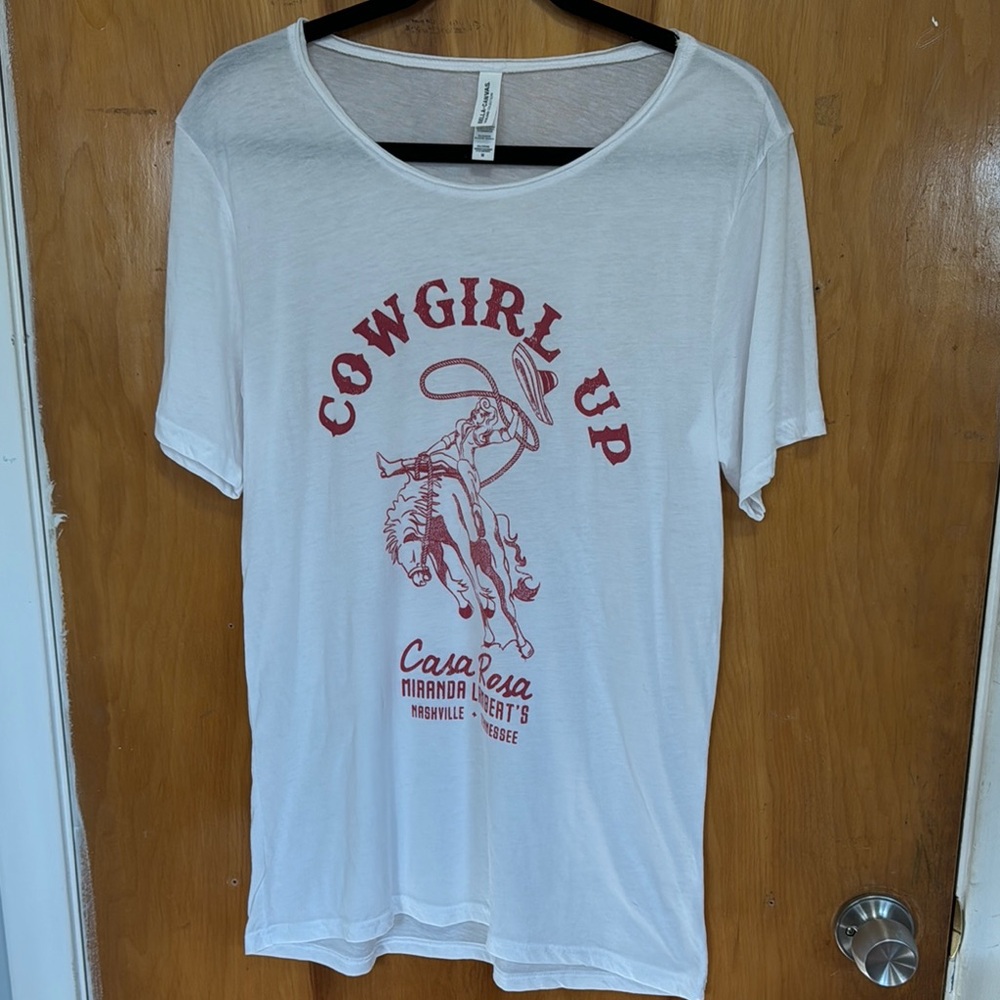 White Graphic Tee with Pink Cowgirl Print